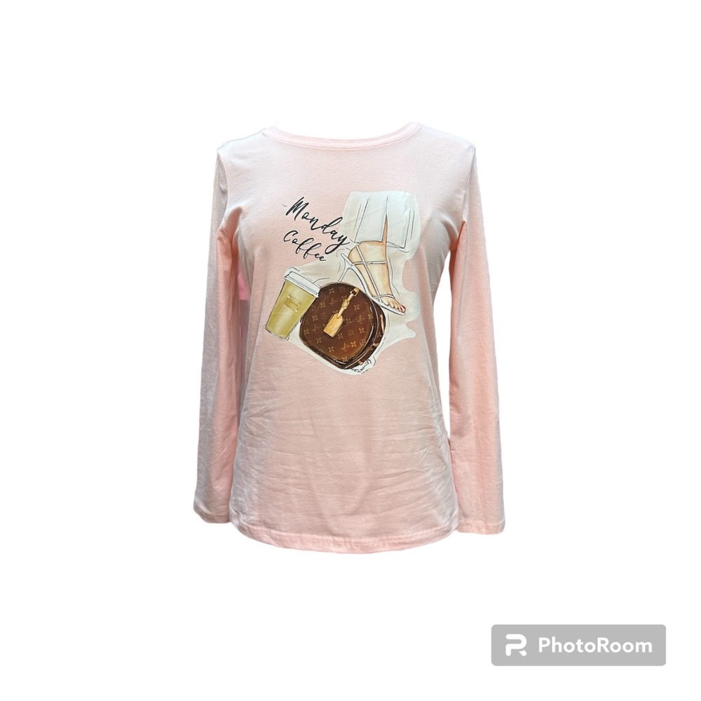A soft stretchy light pink t-shirt, in size MP, bust and hip are 36.5”
